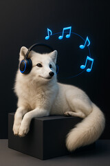 "Arctic Fox with Glowing Headphones | Minimalist Music Concept with 3D Notes on Dark Gradient"