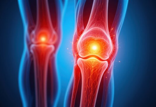 Ilustraci&oacute;n anat&oacute;mica de una articulaci&oacute;n de rodilla inflamada que muestra hinchaz&oacute;n, dolor y s&iacute;ntomas de artritis