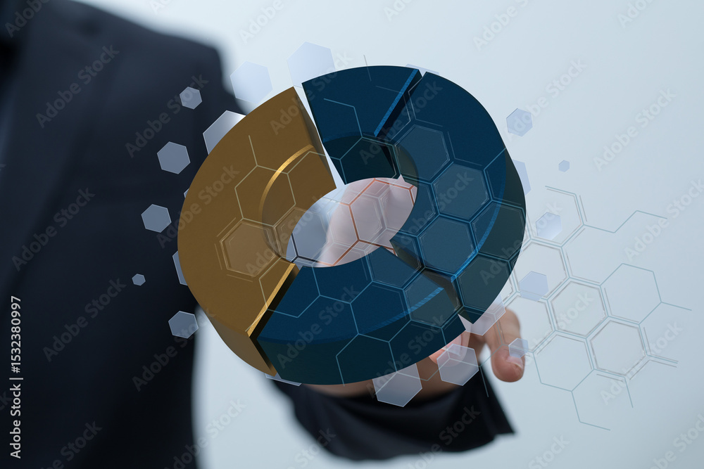 Poster Image of a businessman interacting with a 3D pie chart, visualizing data analysis and business insights.