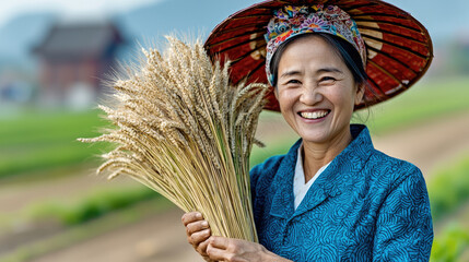 Smiling woman in traditional clothing holding wheat bundle in rural field, joyful harvest season