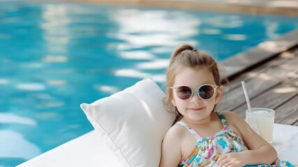 A young child sits comfortably at the poolside, sporting sunglasses and sipping from a refreshing drink while soaking up the sun