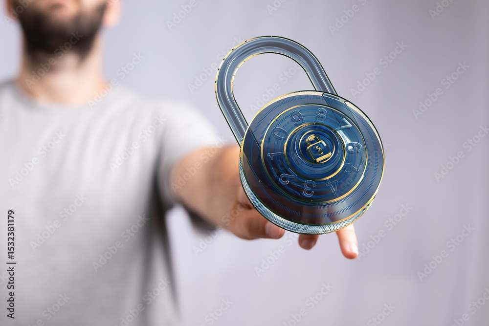 Poster secure your data. image of a man presenting a digital padlock, symbolizing online protection and cyb