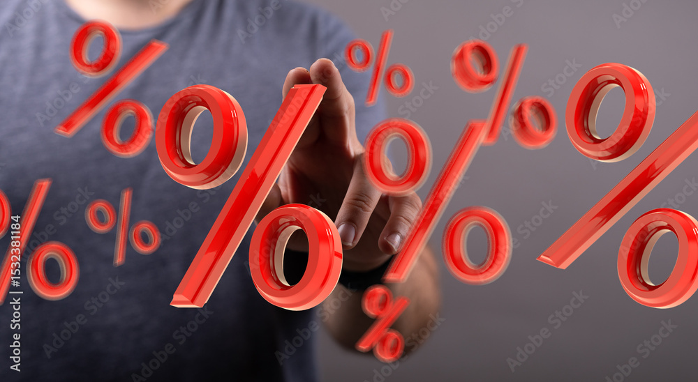 Poster high-quality image depicting a hand interacting with floating percentage symbols, ideal for sales, d