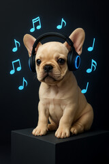 "Puppy with shining headphones | Minimalist music concept with 3D notes on dark gradient"