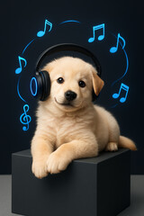 "Puppy with shining headphones | Minimalist music concept with 3D notes on dark gradient"