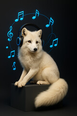 "Arctic Fox with Glowing Headphones | Minimalist Music Concept with 3D Notes on Dark Gradient"