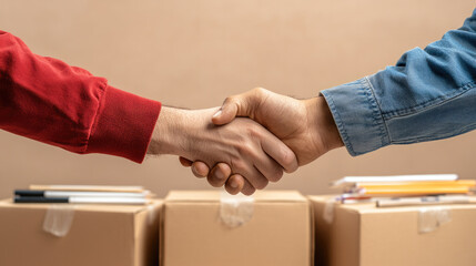 Handshake agreement partnership moving cardboard box teamwork trust cooperation closeup business