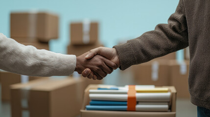 Two people shaking hands agreement partnership cardboard box document teamwork business deal cooperation
