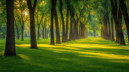 Sunlit Green Park Pathway Tree Lined Avenue