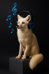 "Arctic Fox with Glowing Headphones | Minimalist Music Concept with 3D Notes on Dark Gradient"