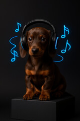 "Puppy with shining headphones | Minimalist music concept with 3D notes on dark gradient"