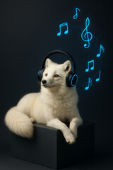 "Arctic Fox with Glowing Headphones | Minimalist Music Concept with 3D Notes on Dark Gradient"