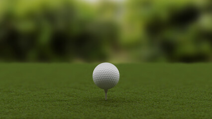 Golf ball on tee with green grass and bokeh tree background