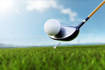 Golf club hitting ball with flying grass in close up action shot