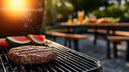 Grilled beef patty, juicy watermelon, summer sunlight, outdoor barbecue, picnic table, backyard party
