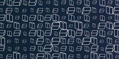 A vibrant abstract pattern of layers of repeating 3D cubes in white and grey, placed on a dark blue background. The bold geometric design and contrasting colors create a striking modern visual.