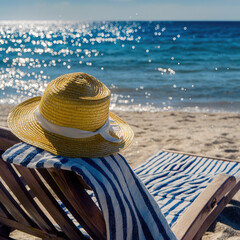 Yellow sun hat striped towel wooden chair sandy beach blue sea summer vacation relaxation sunlight