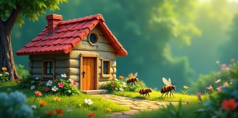 Flying insect family's cozy house, vibrant colors, home sweet home, family