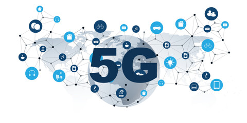 An illustration of 5G wireless network technology and Internet of Things (IoT), featuring a global world map background, connected smart devices, and icons for mobility, communication, and automation