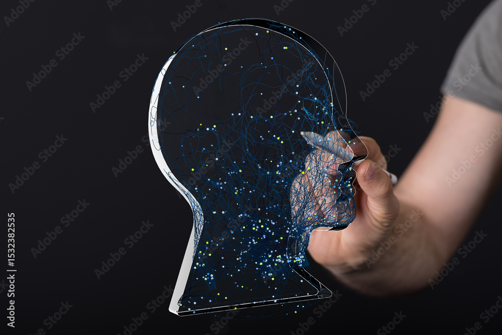 Poster Abstract image of a human head with network connections, representing AI, data, and neural networks.
