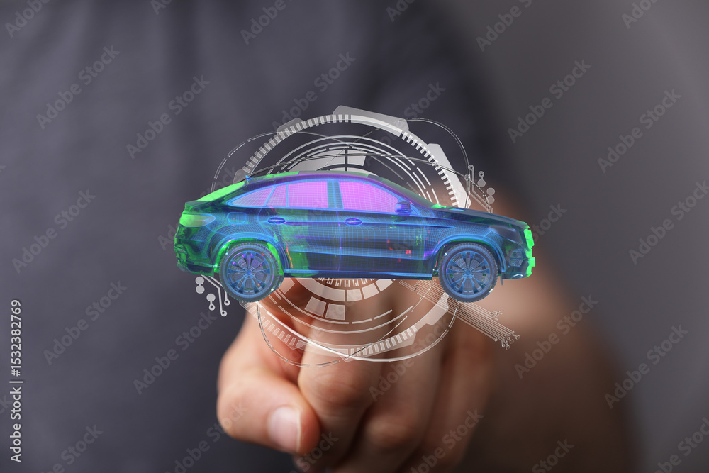 Poster futuristic car model visualization. digital technology and automotive innovation.