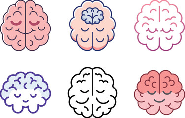 Six icon Variety of cartoon brain illustrations showcasing different styles and colors