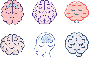 Six icon Six simplified brain illustrations representing cognitive functions and mental states