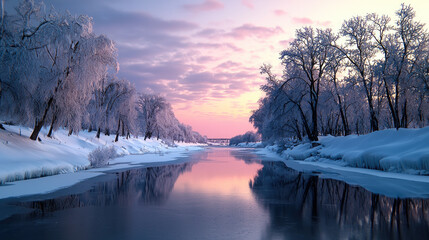 Snowy river, frosted trees, winter landscape, pink sky, tranquil water, sunset reflection, serene mood