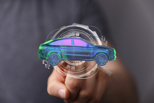 Futuristic car model visualization.  Digital technology and automotive innovation. - Powered by Adobe