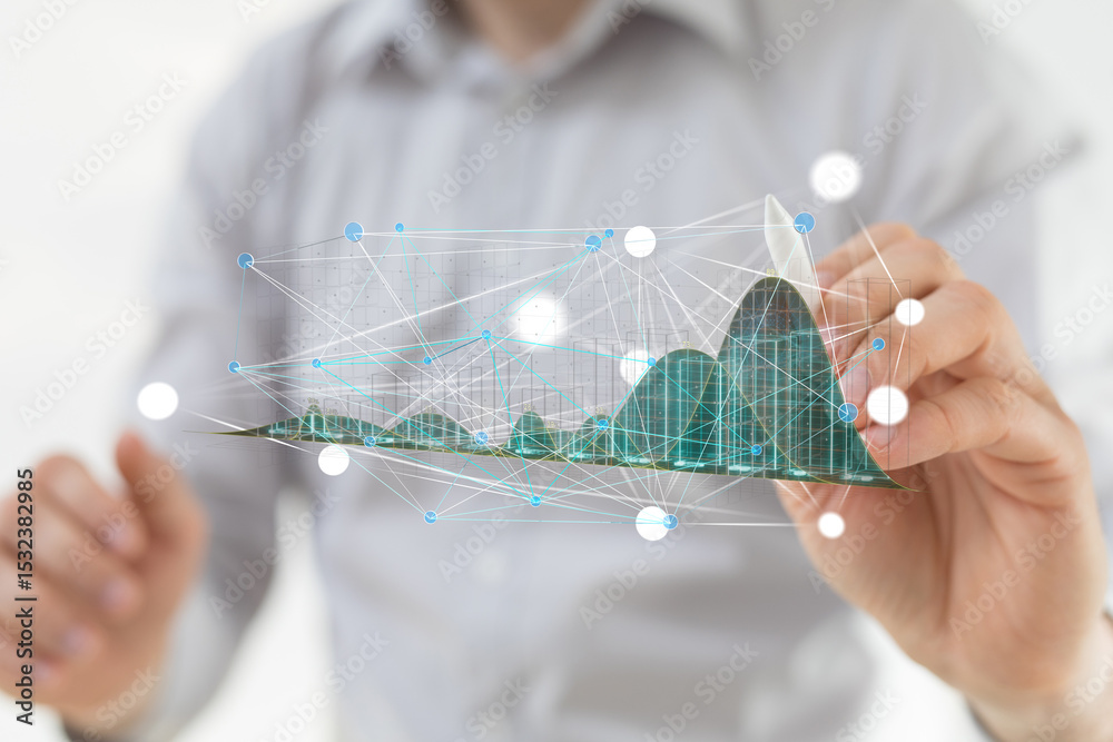 Poster Stock photo of a businessman analyzing a data growth chart with a network connection.