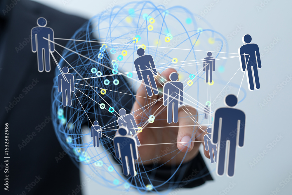Poster Image of a hand interacting with a global network of people, representing connection and collaboration.