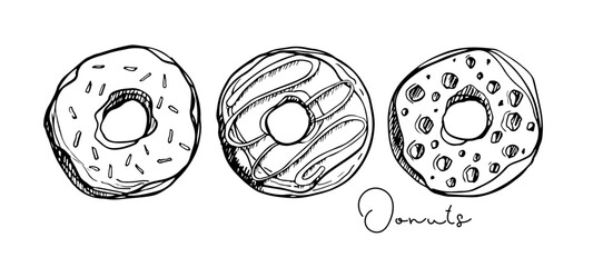 Donut set. Donuts icing sketch isolated on white background. Dessert sweet donut with frosting, donut icon. Freehand drawn Tasty food element line art style for cafe, menu, cookbook. Sweet dessert.