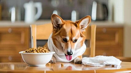 A cheerful corgi sits at a dining table, dressed in a towel, eagerly waiting for food and showcasing its playful nature