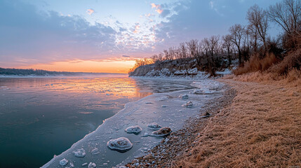 Frozen river winter landscape sunrise frosted bank bare tree icy water tranquil scene nature beauty
