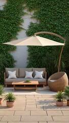 Fototapeta premium Serene patio oasis with beige umbrella and wicker chair