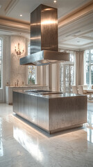 Modern kitchen with stainless steel island, marble floor, large windows, and hovering range hood, elegant and bright space