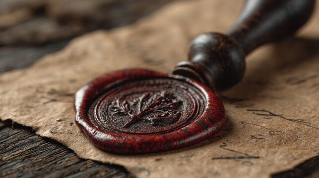 A close up of a red wax seal with a leaf imprint on parchment paper and wooden handle on a wood surface.