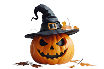 Scary pumpkin in a witch's hat isolated on transparent or white background, png