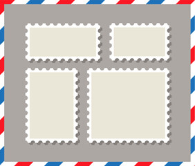 Empty post stamp set. Sale coupons template with perforated borders. Postal stickers collection. Paper postmarks for mail letter. Postage stamps. Vector illustration.