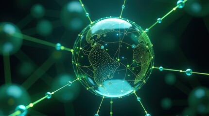 Digital earth network: futuristic green globe with connected points and lines.