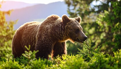 Fototapeta premium Grizzly bear. Close encounter with a wild grizzly bear eating in the woods and mountains.