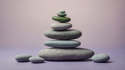 3D minimal scene with stacked stones and a small sprout. Represents balance, mindfulness, and sustainable wellness in a soft, nature-inspired aesthetic.