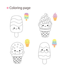 Cartoon ice cream collection for coloring: rainbow popsicle, soft-serve cone, cookie ice cream, and more — great for children's art projects.