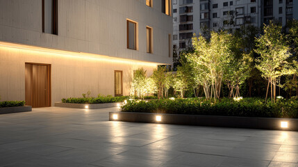 Modern style warm courtyard with illuminated trees, urban apartment building, evening ambiance, peaceful outdoor space