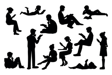 Silhouettes of people with a book. reading book silhouettes set