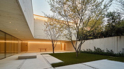 Modern style warm courtyard with minimalist concrete walls, green grass, trees, and natural light, peaceful atmosphere