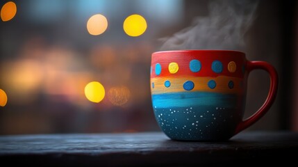 A colorful patterned mug steaming on a dark wooden surface