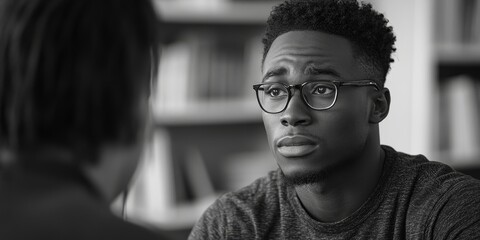 Man talking with mentor psychologist during a therapy session for mental health and anxiety., Generative AI