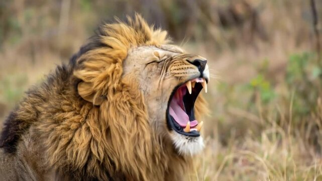 Majestic male lion roaring in the african savanna, showcasing wild animal behavior