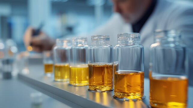 Precision laboratory testing of sustainable aviation fuel samples, high-end analytical instruments measuring fuel quality parameters, glass sample vials with clear amber fuel, 